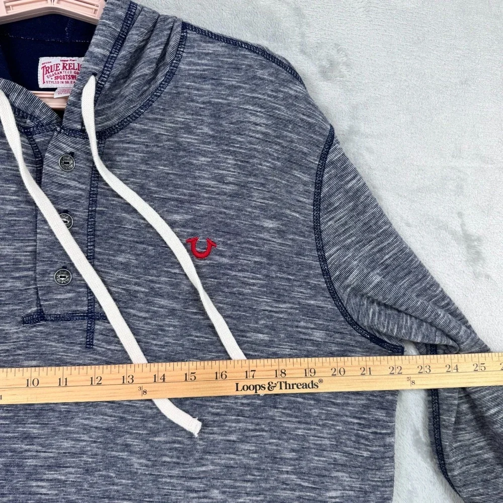 True Religion Hooded‎ Henley Sweatshirt Men's XL Blue Long Sleeve Pullover Logo